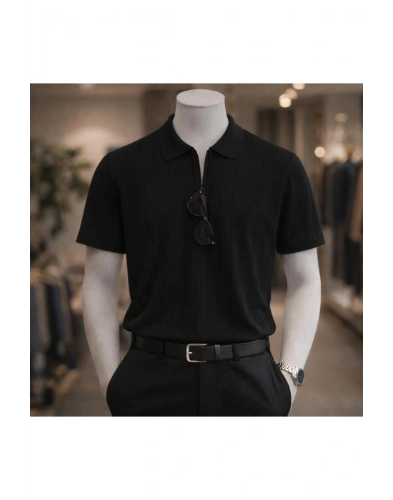 Erkek Yazlık Kısa Kollu Polyemid Yüksek Kalite Düz Yarım Fermuarlı A Kalite Tişört / Siyah