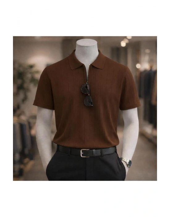 Erkek Yazlık Kısa Kollu Polyemid Yüksek Kalite Düz Yarım Fermuarlı A Kalite Tişört / Kahverengi