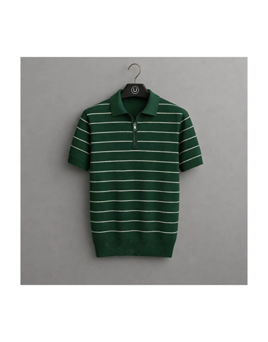 Erkek Yazlık Kısa Kollu Slim Fit Çizgili Yarım Fermuarlı Tarz Tişört