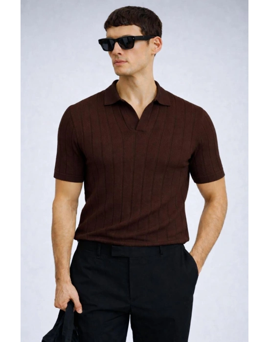 erkek yazlık kısa kollu slim fit polyemid kumaş kalitesi triko tişört Kahverengi