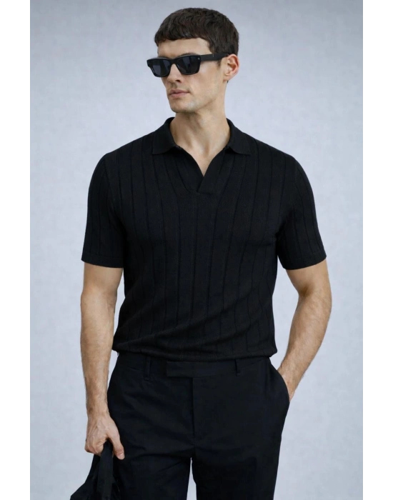 erkek yazlık kısa kollu slim fit polyemid kumaş kalitesi triko tişört Siyah