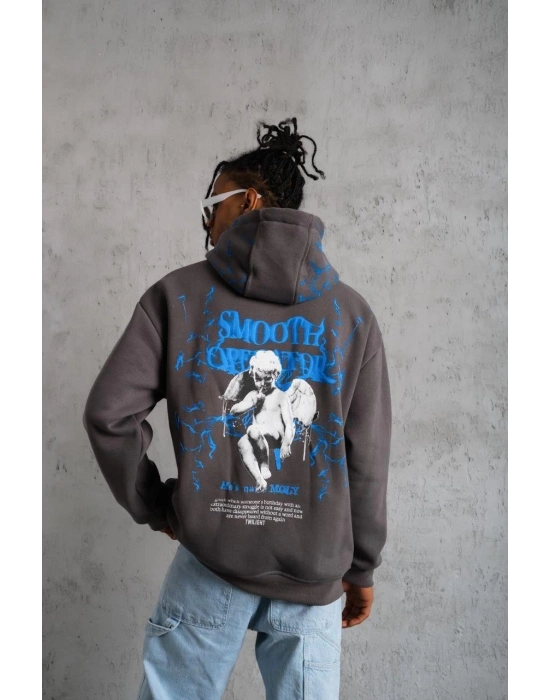 Erkek Yıldırım Baskılı Kapşonlu Sweatshirt - Gri