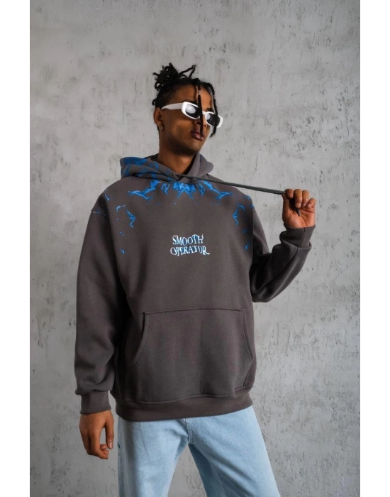 Erkek Yıldırım Baskılı Kapşonlu Sweatshirt - Gri