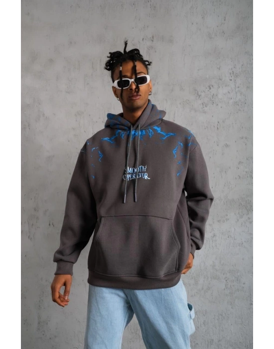 Erkek Yıldırım Baskılı Kapşonlu Sweatshirt - Gri