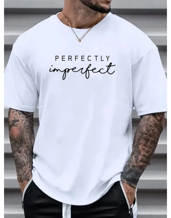 erkekler için Ön Arka Baskılı PERFECTLY günlük Kısa Kol tişört - Beyaz