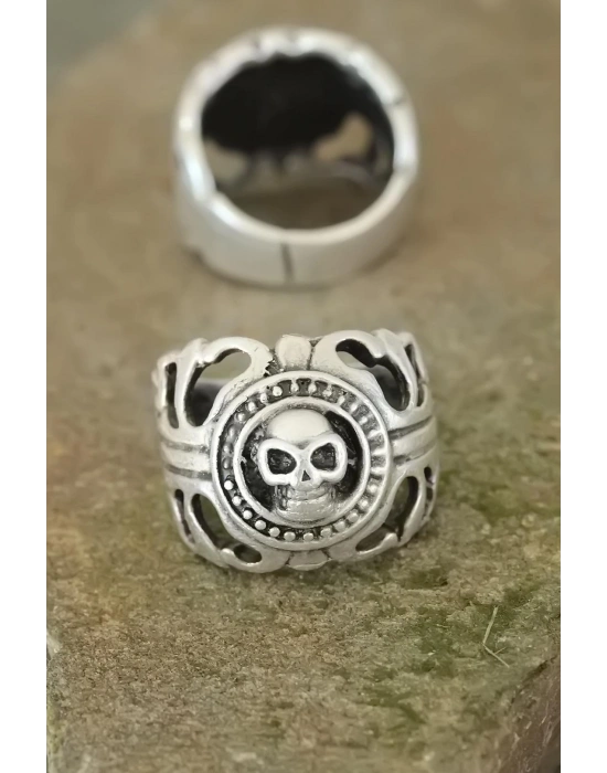 Eskitme Gümüş Renk Metal Kuru Kafa Tasarım Ayarlamalı Erkek Yüzük