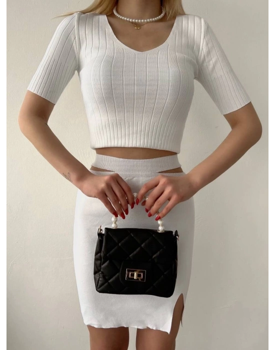 Etekli triko takım beyaz t23107