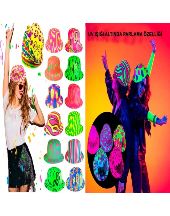 Farklı Desenlerde Plastik Neon UV Işık Parti Şapkası 1 Adet