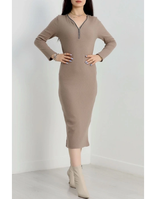 Fermuar detaylı fitilli şardonlu elbise bej a3178