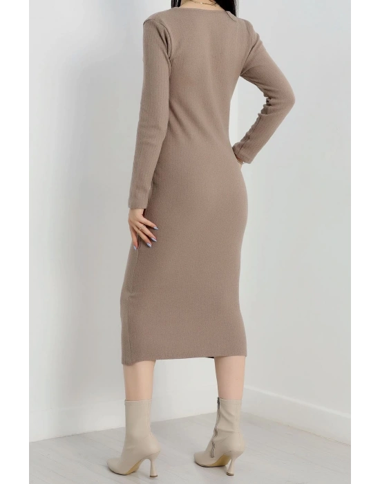 Fermuar detaylı fitilli şardonlu elbise bej a3178