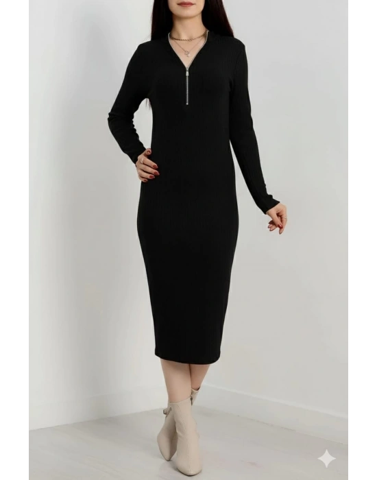 Fermuar detaylı fitilli şardonlu elbise siyah a3178