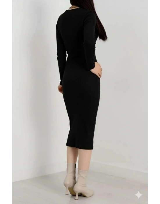 Fermuar detaylı fitilli şardonlu elbise siyah a3178