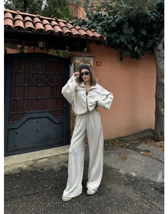 Fermuarlı Eşofman Pantolon İkili Takım - Beyaz