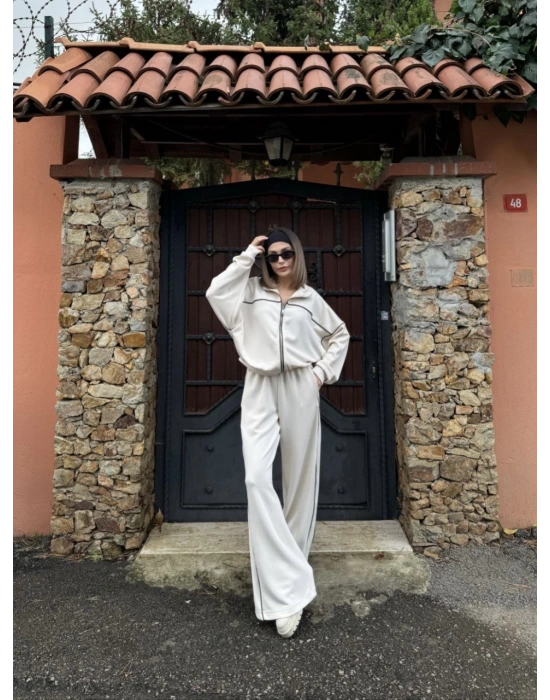 Fermuarlı Eşofman Pantolon İkili Takım - Beyaz