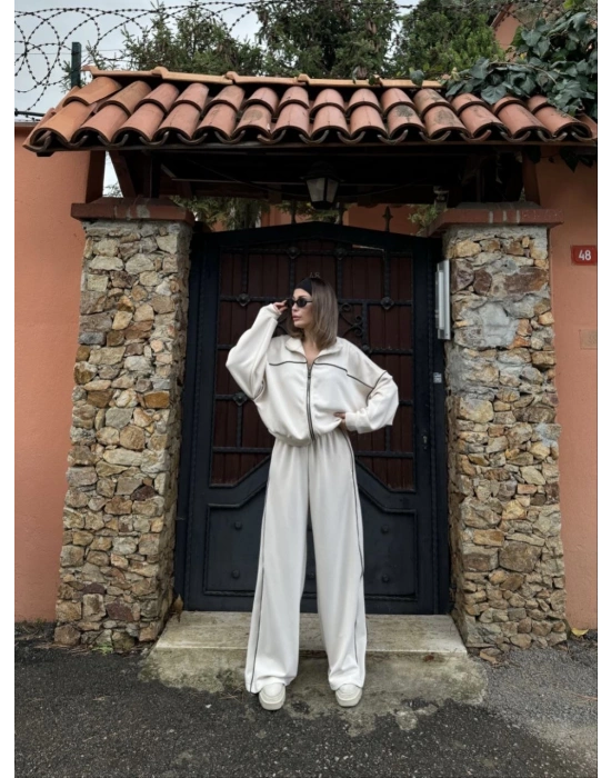 Fermuarlı Eşofman Pantolon İkili Takım - Beyaz