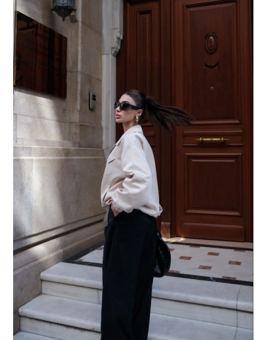 Fermuarlı Gömlek Yaka Bomber Ceket - Beyaz