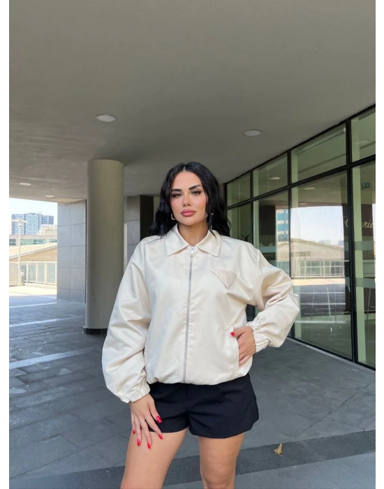 Fermuarlı Gömlek Yaka Bomber Ceket - Beyaz