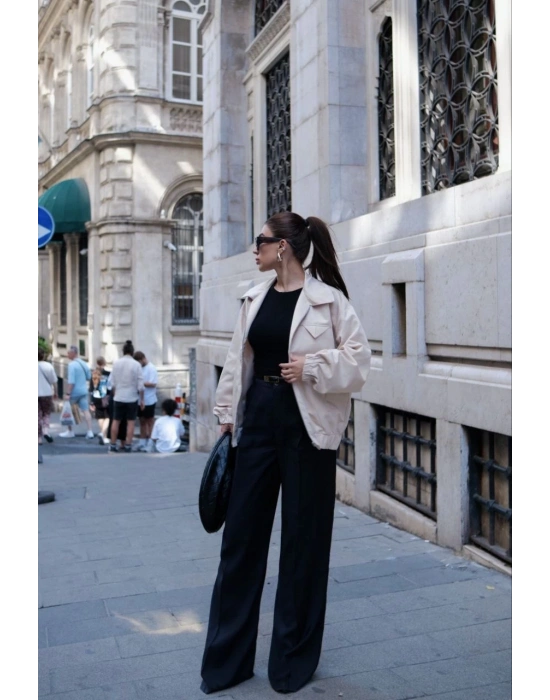 Fermuarlı Gömlek Yaka Bomber Ceket - Beyaz