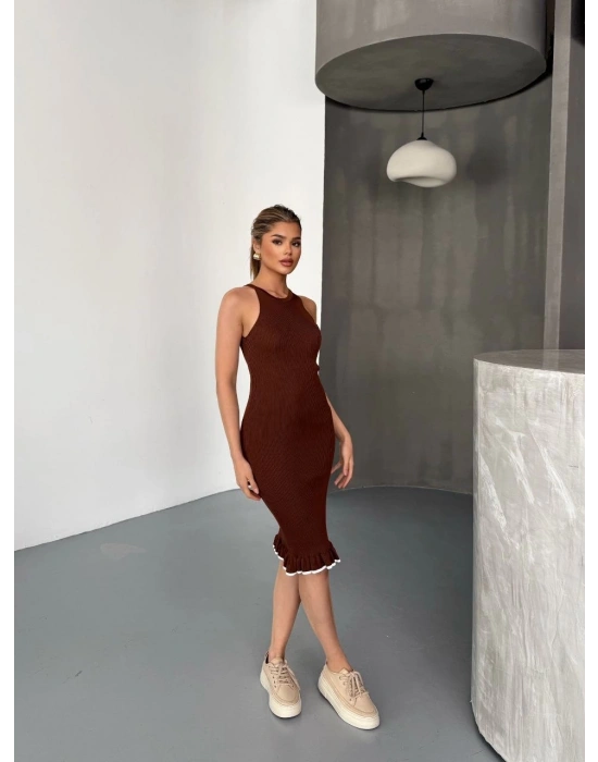 Fırfır Detaylı Triko Elbise- Kahverengi