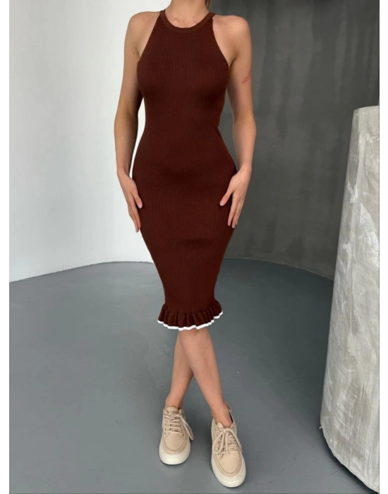 Fırfır Detaylı Triko Elbise- Kahverengi