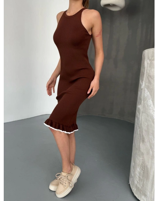 Fırfır Detaylı Triko Elbise- Kahverengi