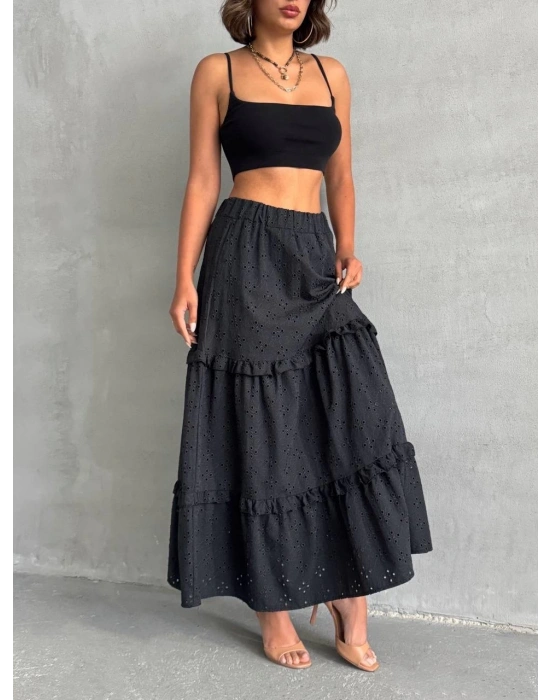Fırfırlı brodeli astarlı uzun etek siyah s255047