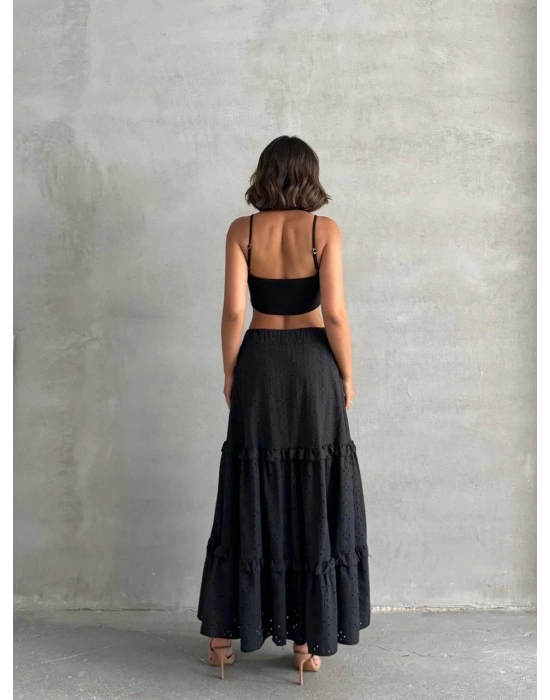 Fırfırlı brodeli astarlı uzun etek siyah s255047