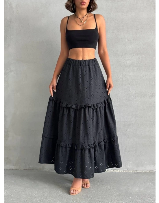 Fırfırlı brodeli astarlı uzun etek siyah s255047