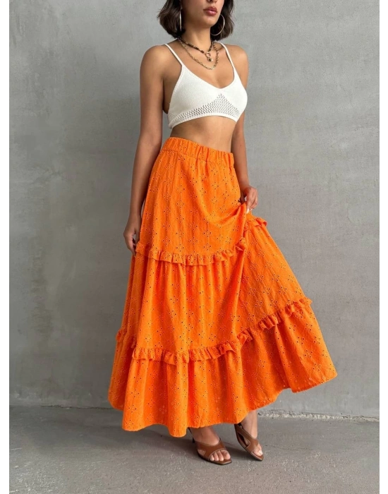 Fırfırlı brodeli astarlı uzun etek turuncu s255047