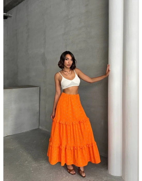Fırfırlı brodeli astarlı uzun etek turuncu s255047