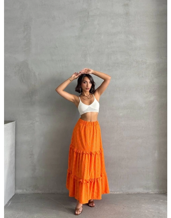 Fırfırlı brodeli astarlı uzun etek turuncu s255047