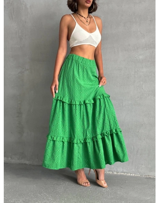 Fırfırlı brodeli astarlı uzun etek yeşil s255047
