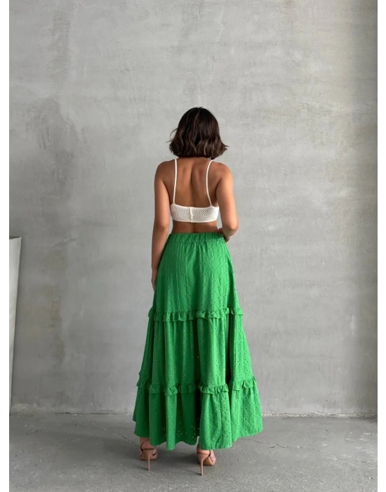 Fırfırlı brodeli astarlı uzun etek yeşil s255047