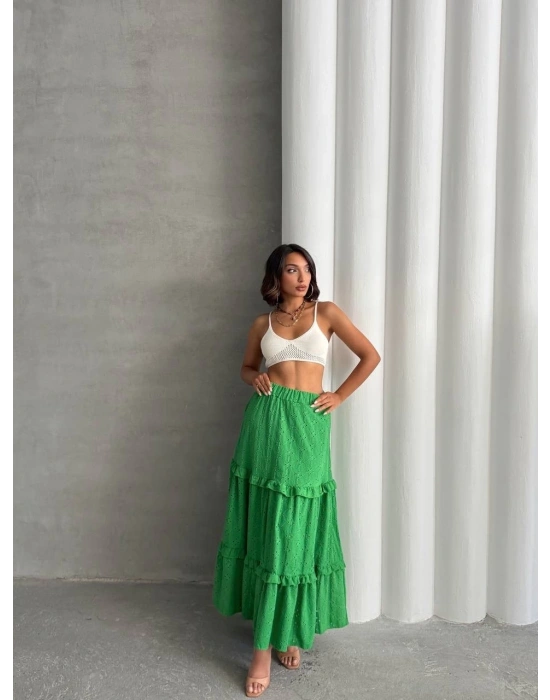 Fırfırlı brodeli astarlı uzun etek yeşil s255047