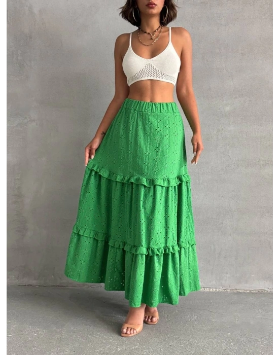 Fırfırlı brodeli astarlı uzun etek yeşil s255047