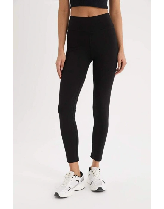 Fit Siyah Yüksek Bel Beli Saran Pamuklu Basic Düz Sporcu Tayt