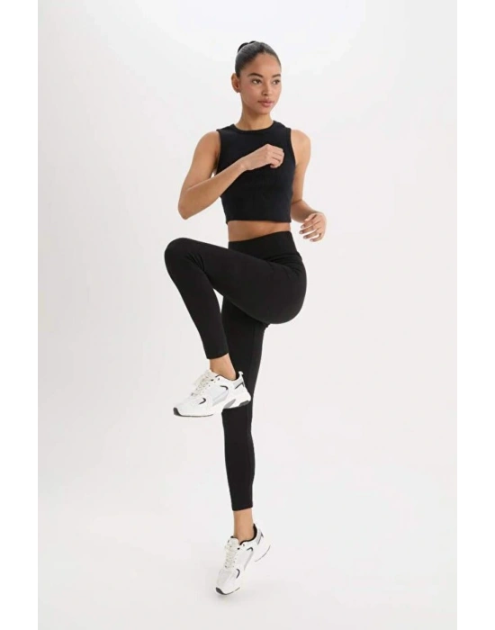 Fit Siyah Yüksek Bel Beli Saran Pamuklu Basic Düz Sporcu Tayt