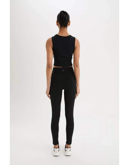 Fit Siyah Yüksek Bel Beli Saran Pamuklu Basic Düz Sporcu Tayt Z6327az25sp