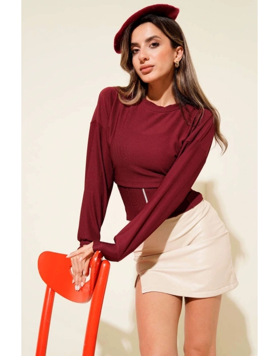 Fitilli Bisiklet Yaka İkili Bluz bordo T4341