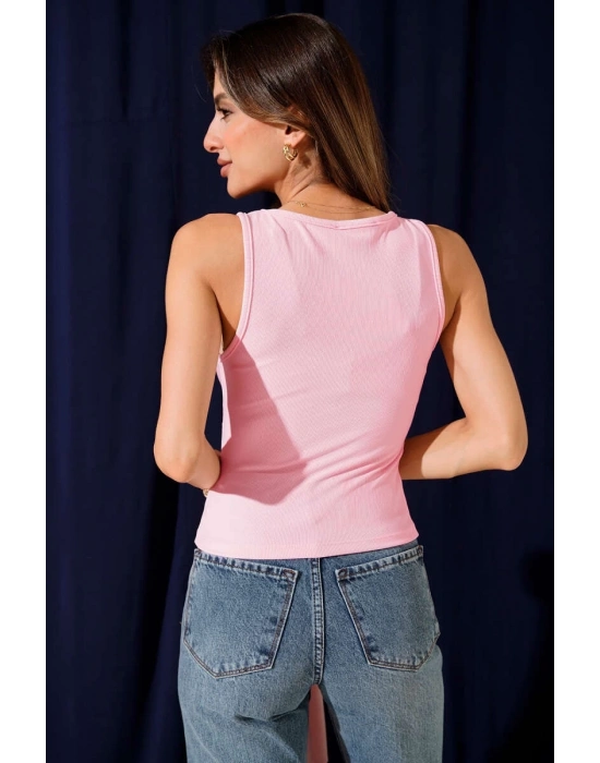 Fitilli Bisiklet Yaka İkili Bluz Pembe T4341