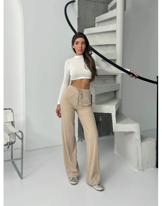 Fitilli şardonlu pantolon bej a4058