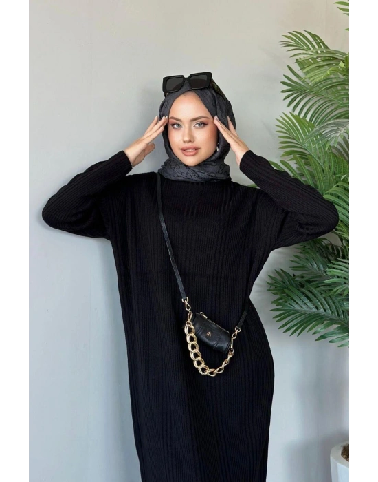 Fitilli Triko Elbise Siyah