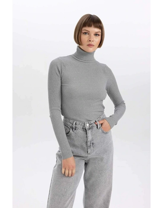 Fitted Balıkçı Yaka Basic Düz Triko Kazak