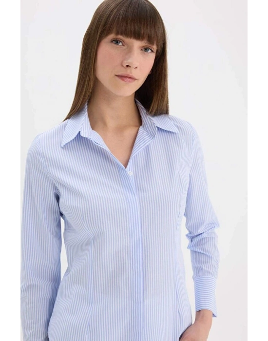 Fitted Basic Düz Poplin Uzun Kollu Gömlek