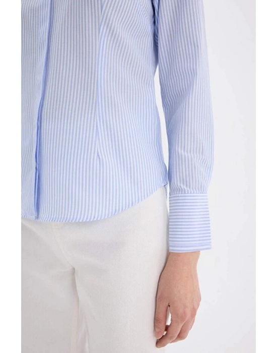 Fitted Basic Düz Poplin Uzun Kollu Gömlek