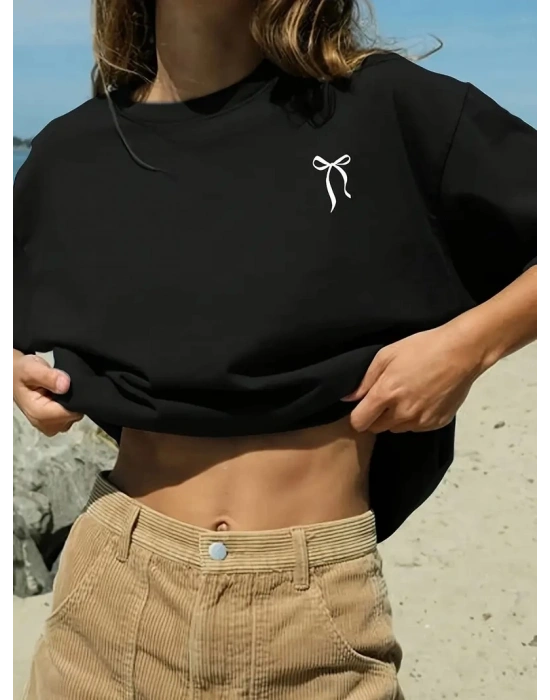 Kadın fiyonk Ön Arka baskılı siyah oversize Kısa Kol t-shirt- Siyah