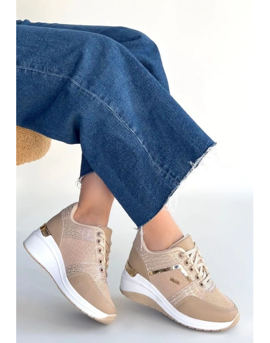 Geja Bej Cilt Bağcıklı Spor Ayakkabı
