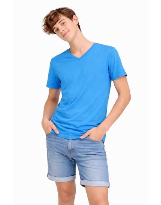Genç Erkek Çocuk V Yaka Tişört Yazlık Model Günlük Basic Body - Açık Mavi