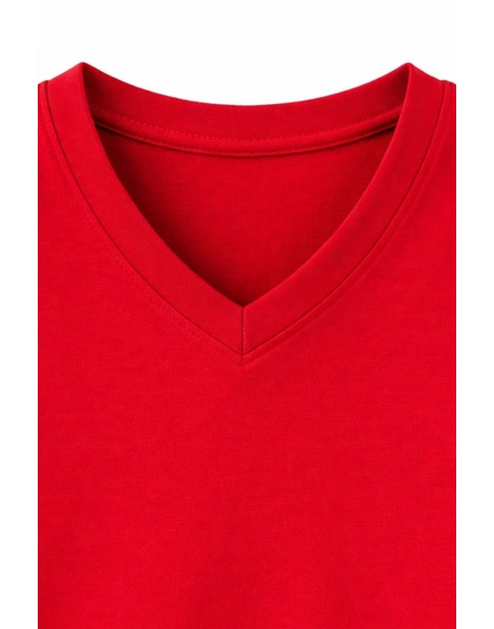 Genç Erkek Çocuk V Yaka Tişört Yazlık Model Günlük Basic Body - Bordo