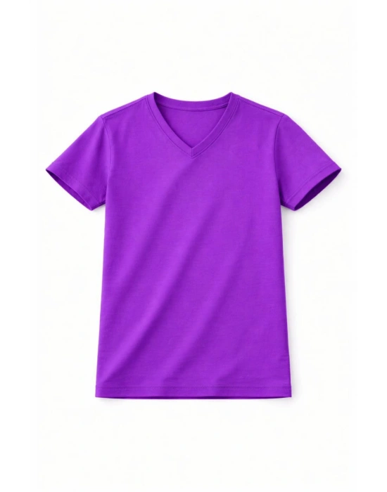 Genç Erkek Çocuk V Yaka Tişört Yazlık Model Günlük Basic Body - Mor